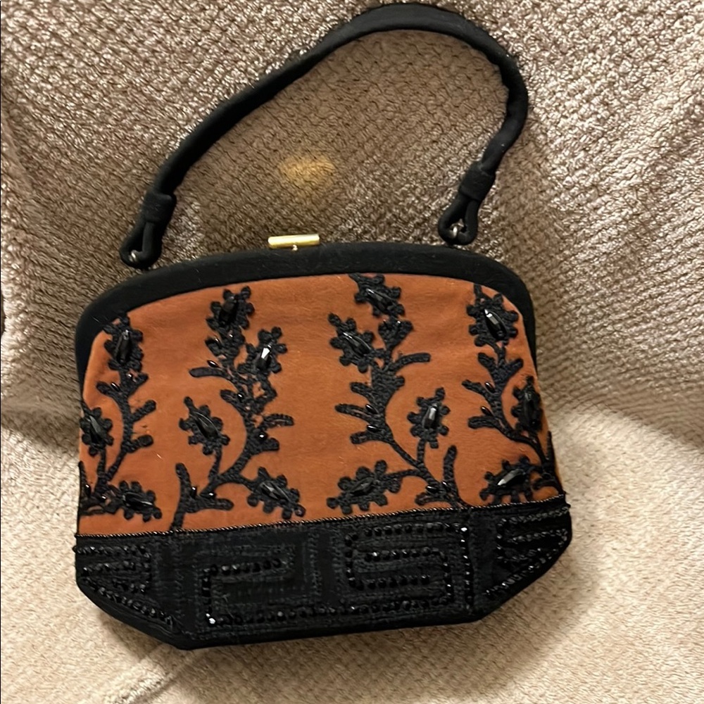 Elegant Black and Tan Embroidered Women's Bag